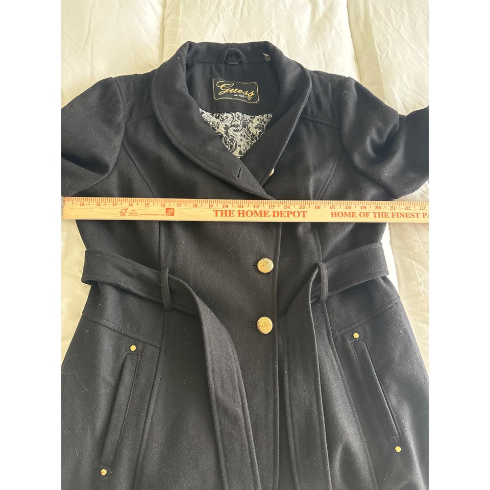 Vintage Guess Black Wool Blend Double Breasted Trench Coat Gold Buttons XL - Picture 10 of 11